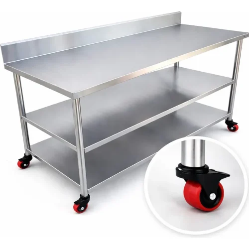 Bancada Inox 150x60 Industrial Rodinha Espelho 2 Prateleiras