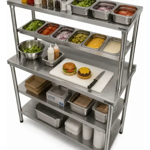 Mesa Condimentos Inox 120x60 Bancada 6 Cubas 2 Prateleiras