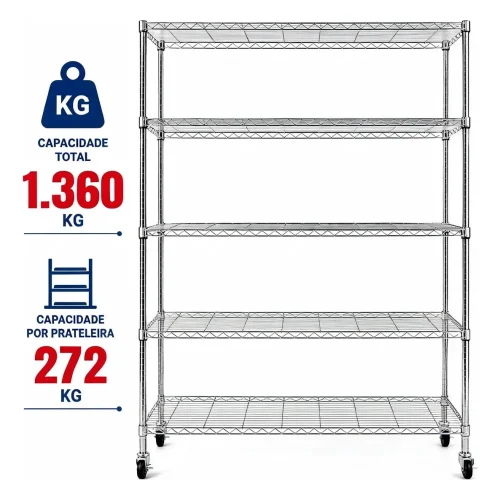 Estante De Aço Inox 5 Prateleiras Rodinhas Depósito Estoque