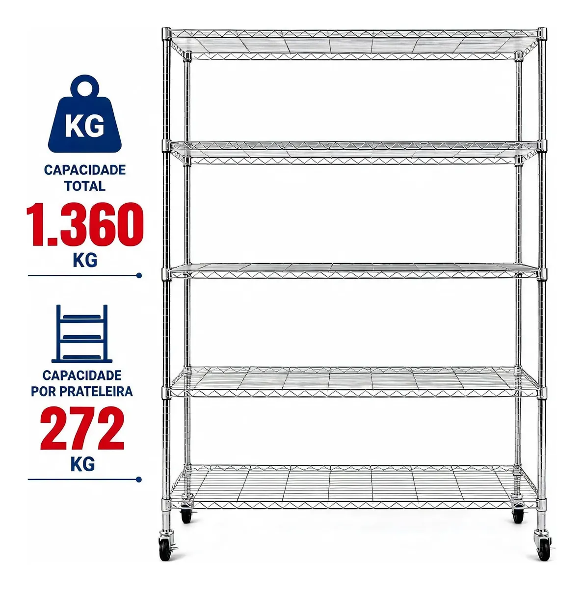 Estante De Aço Inox 5 Prateleiras Rodinhas Depósito Estoque