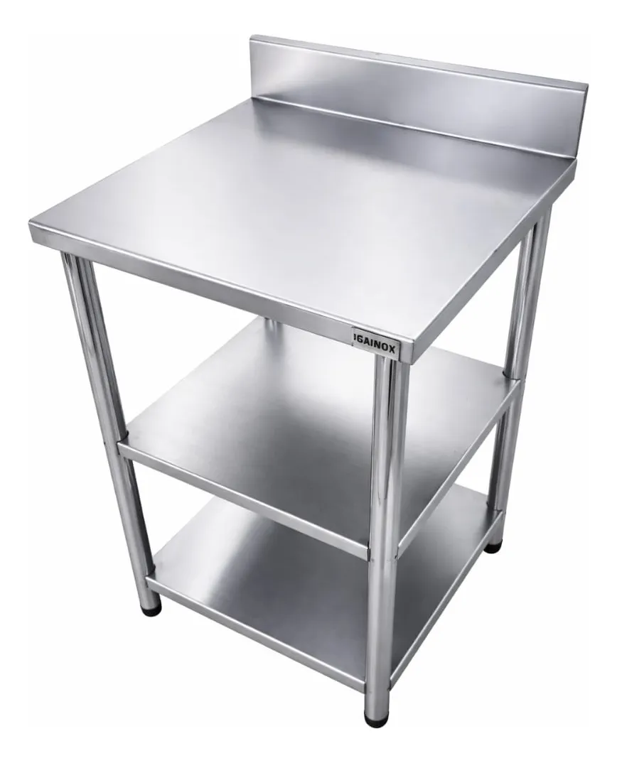 Bancada 60x40 Inox Industrial 2 Prateleiras Com Espelho