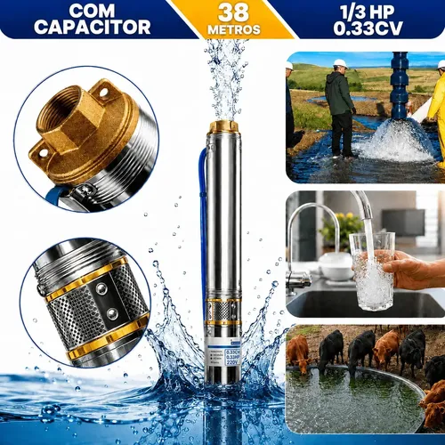 Bomba Submersa Caneta 1/3 CV 38 m para Poço Artesiano 3" 220V em Inox